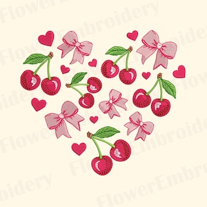 May include: An embroidered design of a heart shape, made up of red cherries, pink bows, and small red hearts on a cream background. The cherries have green stems and leaves. The bows have a delicate, lacy appearance.