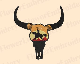 Cow skull machine embroidery Bull Skull design Western Bull Skull embroidery Cowboy with horse embroidery Trendy Retro design Western design
