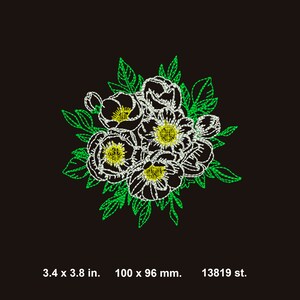 May include: White embroidered flowers with yellow centers and green leaves on a black background. 3.4 x 3.8 in. 100 x 96 mm. 13819 st.