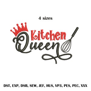May include: Embroidered design of a crown, the words "Kitchen Queen", and a whisk. The design is in black and red.