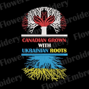 Peut inclure: Un arbre stylisé avec les drapeaux canadien et ukrainien. Le tronc de l'arbre est blanc avec des feuilles rouges et les racines sont bleues et jaunes. Le texte dit "Canadian Grown with Ukrainian Roots".