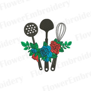 Kitchen machine embroidery design Baking Utensils embroidery Flower embroidery Kitchen tools PES embroidery Whisk Scoop Spatula design
