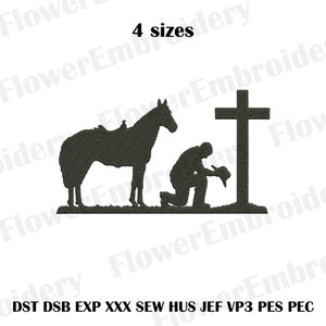 Cowboy with Horse Kneeling Praying at Memorial Cross embroidery design Western embroidery Horse designs  Cowboy Silhouettes Bucking Bronco