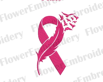 Awareness ribbon embroidery design Feather pink ribbon Embroidery designs pes Breast cancer embroidery design Pink ribbon embroidery design