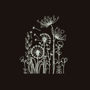 Könnte beinhalten: Eine Schwarzweiß-Zeichnung eines Feldes mit Wildblumen. Die Zeichnung zeigt Löwenzahn, Gräser und andere Wildblumen.