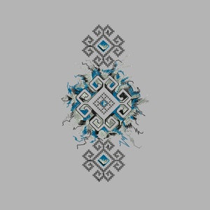 May include: A blue and white geometric design with a black outline. The design is in the shape of a square with a smaller square in the center. The design is surrounded by a white background.