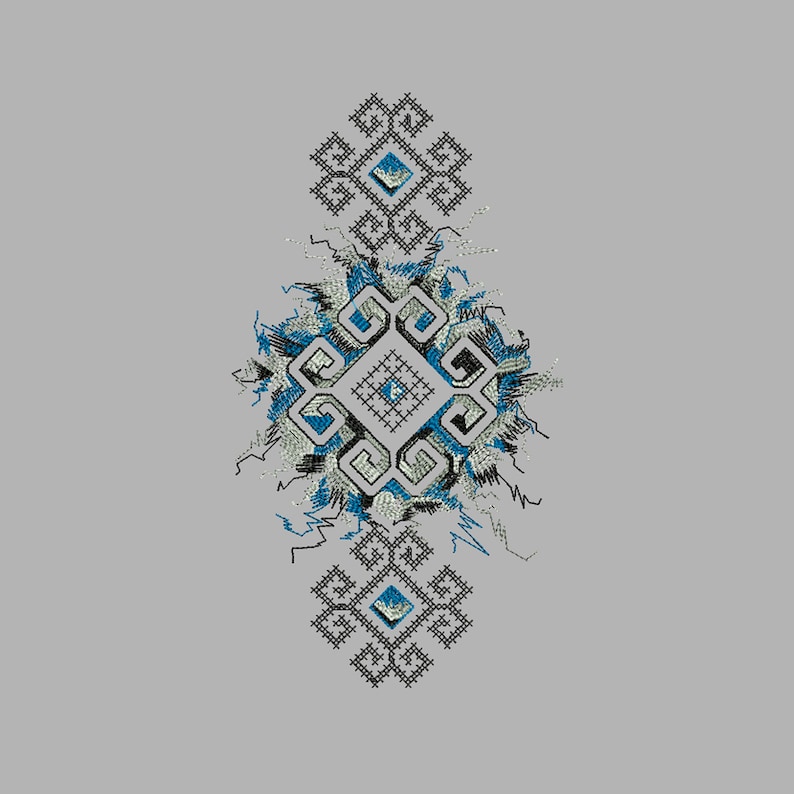 May include: A blue and white geometric design with a black outline. The design is in the shape of a square with a smaller square in the center. The design is surrounded by a white background.
