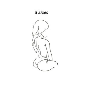 May include: Line art drawing of a person sitting with their back to the viewer. The drawing is in black and white and is a simple outline.