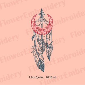 May include: An embroidered dreamcatcher design featuring a red crescent moon and arrow, with hanging beads and feathers in shades of blue and gray. The design measures 1.9 x 5.4 inches.