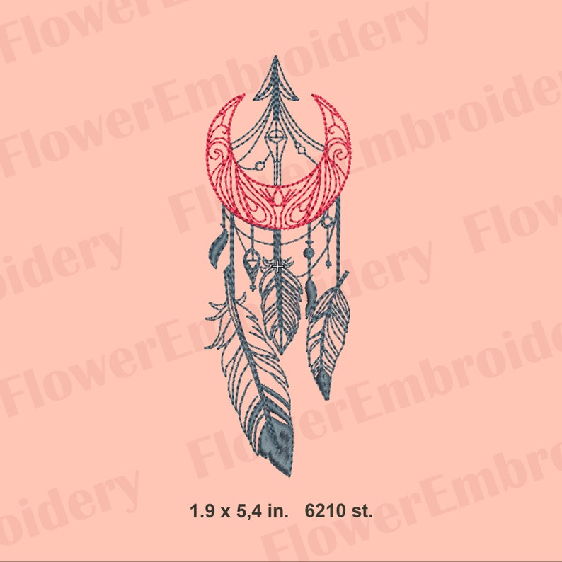 May include: An embroidered dreamcatcher design featuring a red crescent moon and arrow, with hanging beads and feathers in shades of blue and gray. The design measures 1.9 x 5.4 inches.