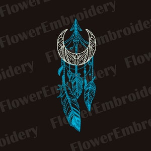 May include: A dreamcatcher design with a crescent moon and feathers, embroidered in white and turquoise on a black background. The design includes intricate details and the text "Flower Embroidery".