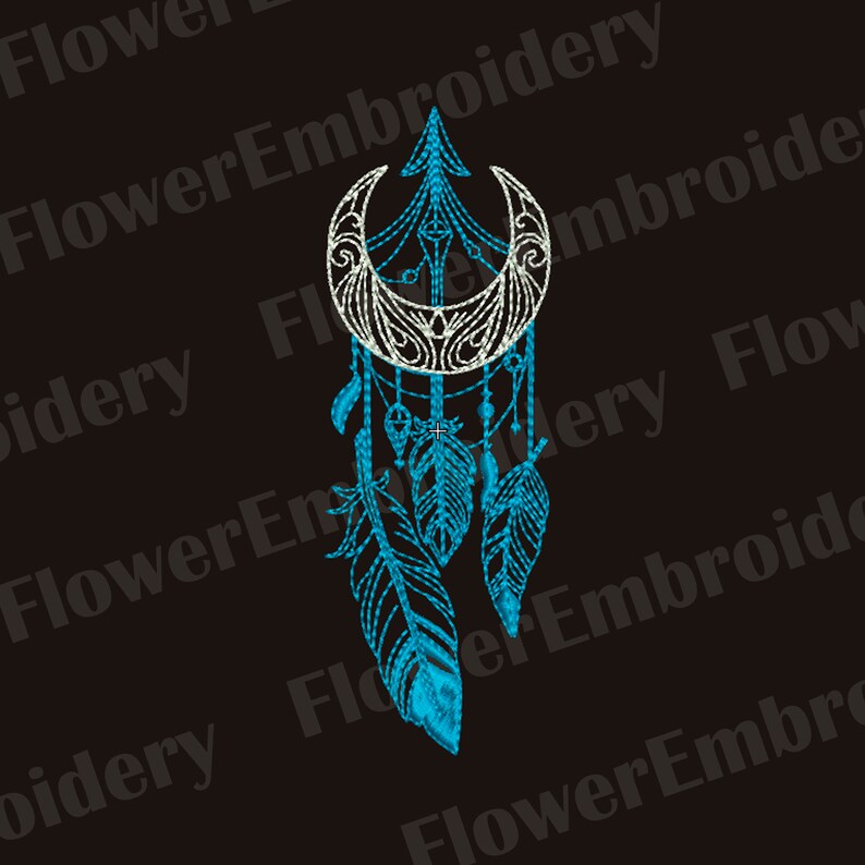 May include: A dreamcatcher design with a crescent moon and feathers, embroidered in white and turquoise on a black background. The design includes intricate details and the text "Flower Embroidery".