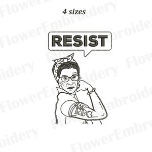 May include: Black and white line art illustration of a woman with a headband and glasses, with her arm raised in a fist. The woman has a tattoo on her arm that says "RBG". A speech bubble above her head says "RESIST".