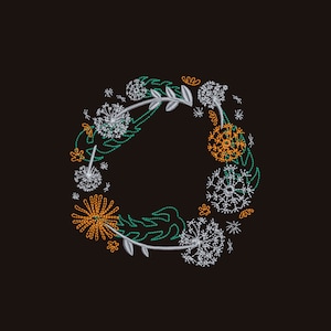 May include: An embroidered wreath featuring white and orange dandelions with green leaves. The wreath is set against a black background.