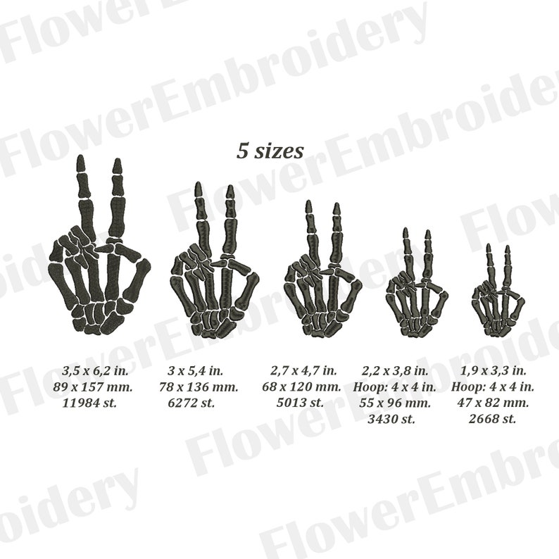 May include: Five different sizes of a skeleton hand making the peace sign. The sizes are 3.5 x 6.2 inches, 3 x 5.4 inches, 2.7 x 4.7 inches, 2.2 x 3.8 inches, and 1.9 x 3.3 inches.