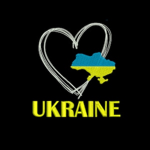 May include: A white heart outline with the outline of Ukraine inside. The outline of Ukraine is filled with the Ukrainian flag colors of blue and yellow. The word "UKRAINE" is written in yellow below the heart.