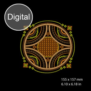 May include: A digital embroidery design featuring a circular pattern with brown, yellow, and green geometric shapes. The design measures 6.10 x 6.18 inches.