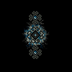 May include: A blue and white geometric design with a black background. The design is made up of squares and circles, and it has a traditional look.