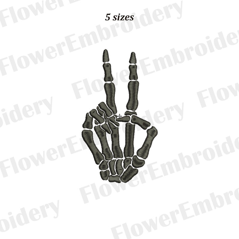 May include: A black and white skeleton hand making the peace sign. The hand is stylized to look like a skeleton with visible bones.