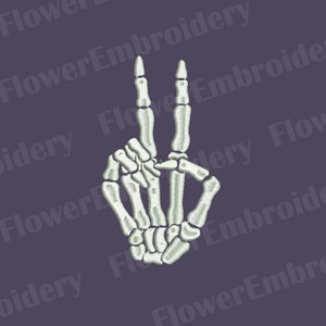 May include: A white skeleton hand making the peace sign. The hand is stylized with visible bones and joints.