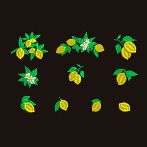 Pode incluir: Um conjunto de 10 desenhos de limão bordados, com limões amarelos, folhas verdes e flores brancas. Estes desenhos são perfeitos para adicionar um toque de verão às suas manualidades.
