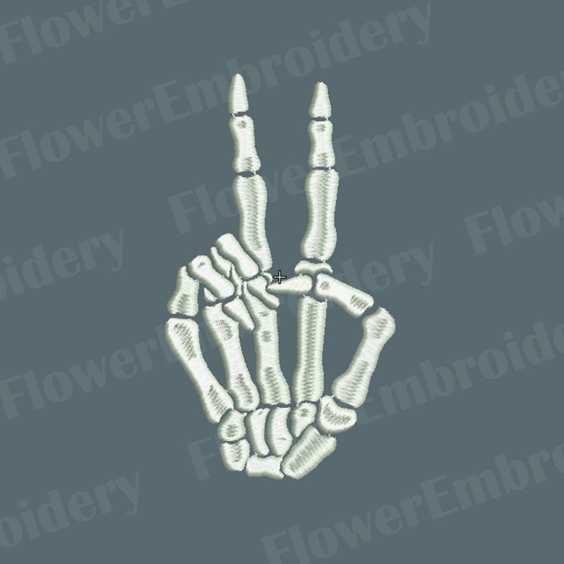 May include: White skeleton hand making the peace sign. The hand is stylized and embroidered.
