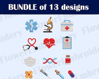 May include: A bundle of 13 embroidery designs featuring medical symbols, including a stethoscope, a heart with a heartbeat, a first aid kit, a DNA strand, a pill, a thermometer, a dropper, and a bandage.  The designs are perfect for creating personalized gifts for healthcare professionals or for adding a touch of medical flair to your projects.