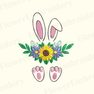 May include: Embroidered design of a bunny with pink ears, a sunflower and other flowers, and pink paw prints. The design is perfect for an Easter craft project.