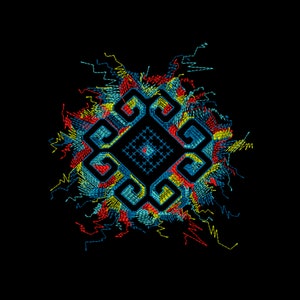 May include: A colorful geometric design with a blue, yellow, red, and black color scheme. The design is surrounded by a burst of colorful lines.