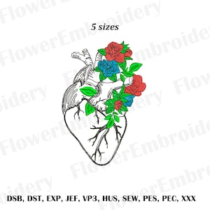 Anatomical heart in flowers embroidery Anatomy machine embroidery Anatomical heart Flowers Digital embroidery designs Medicine embroidery