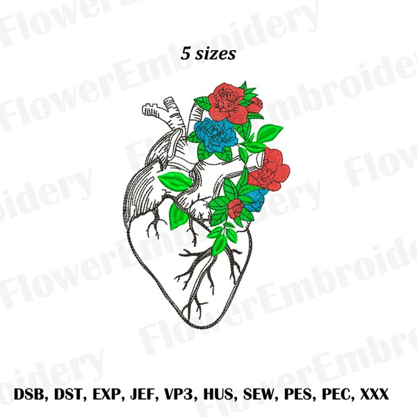 Anatomical heart in flowers embroidery Anatomy machine embroidery Anatomical heart Flowers Digital embroidery designs Medicine embroidery