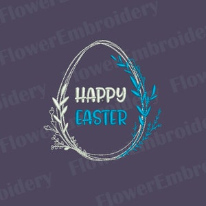 May include: White and blue embroidered design of an egg with a wreath of leaves and the text "Happy Easter".