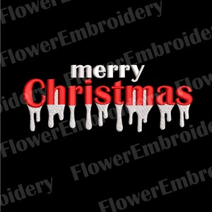 Könnte beinhalten: Roter und weißer Text "Frohe Weihnachten" mit tropfenden weißen Akzenten auf schwarzem Hintergrund.