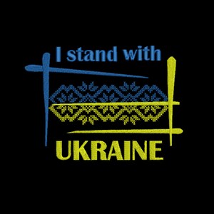 May include: A black background with the text "I stand with Ukraine" in blue and yellow. The Ukrainian flag is represented with a blue and yellow embroidered pattern.
