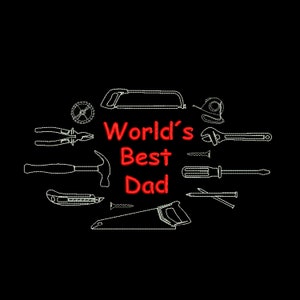 May include: Black background with white line art of various tools, including a hammer, saw, and wrench. The text "World's Best Dad" is in red, centered among the tools, making it a perfect gift for Father's Day or any occasion.