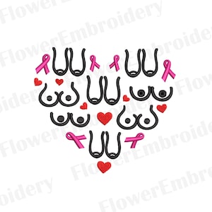 Puede incluir: Diseño de cinta rosa y corazón hecho de bordado negro y rosa. El diseño tiene forma de corazón y presenta múltiples contornos de senos.