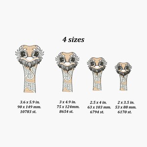 May include: Four different sizes of an embroidery design of an ostrich head. The design is in black, white, and orange. The sizes are 3.6 x 5.9 inches, 3 x 4.9 inches, 2.5 x 4 inches, and 2 x 3.5 inches.
