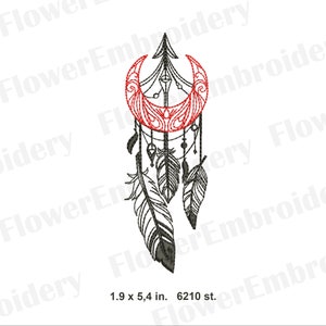 May include: An embroidered design featuring a dreamcatcher with a red crescent moon, arrow, and feathers. The design is black and red, with the text "Flower Embroidery" and measurements of 1.9 x 5.4 inches.