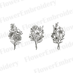 May include: Three black and white line drawings of floral bouquets. Each bouquet features different types of flowers, including roses, daisies, and wildflowers.