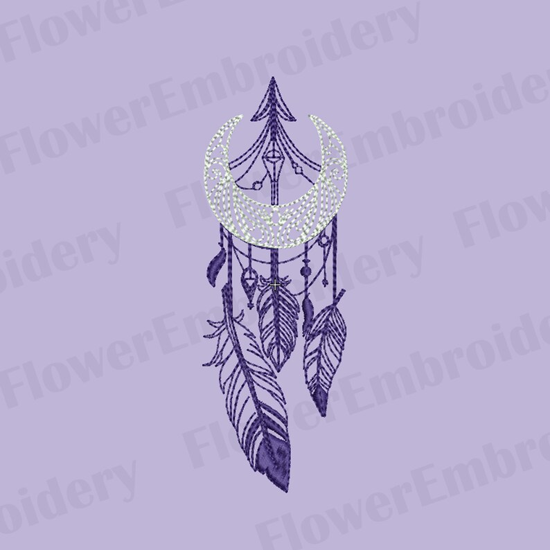 May include: A purple dreamcatcher design featuring a crescent moon, feathers, and beads. The design is embroidered with a detailed stitch pattern. The background is a light purple color. The text "Flower Embroidery" is visible.