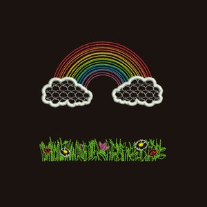 May include: Embroidered design of a rainbow with clouds above a field of green grass with flowers. The rainbow is made of red, orange, yellow, green, blue, indigo, and violet thread. The clouds are white with black stitching. The grass is green with yellow and pink flowers.