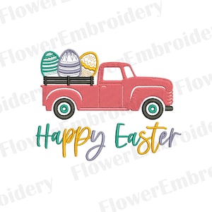 May include: A red pickup truck with a wooden bed carrying three Easter eggs. The eggs are yellow, green, and purple. The truck is driving on a white background with the text "Happy Easter" in colorful letters.