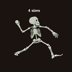 May include: White skeleton throwing a baseball. The skeleton is in a running pose with one leg forward and the other leg back. The skeleton is wearing a skull and has ribs, a spine, and a pelvis. The text "4 sizes" is above the skeleton.
