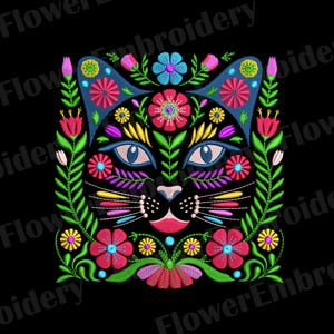 May include: Embroidered cat face design with floral accents in pink, blue, yellow, and green on a black background. The cat's face is stylized with large blue eyes and a pink mouth. The design is surrounded by a floral border.