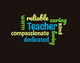 May include: A word cloud with the word "Teacher" in the center, surrounded by words like "reliable", "caring", "compassionate", "dedicated", "warm", "kind", and "loving".