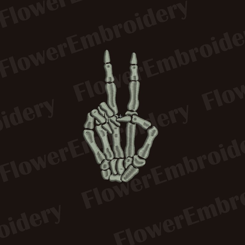 May include: A skeletal hand making the peace sign, with the fingers formed into a 'V' shape. The hand is grey and white, and the background is black.