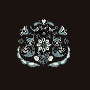May include: Embroidered design featuring two blue foxes, two blue birds, a white flower, and white leaves on a black background.