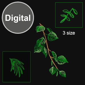 Könnte beinhalten: Digitales Stickmuster einer grünen, belaubten Zweig mit dem Text "3 size" auf schwarzem Hintergrund.