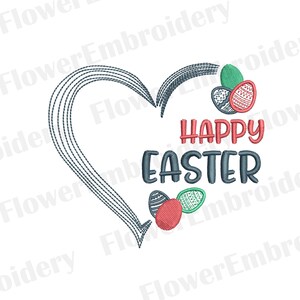 May include: An embroidered design featuring a heart shape with the words "HAPPY EASTER" in red and teal. Several decorated Easter eggs in red, green, and blue are included in the design. The design is on a white background.