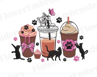 Cat Mom Coffee Cups Machine Embroidery Design